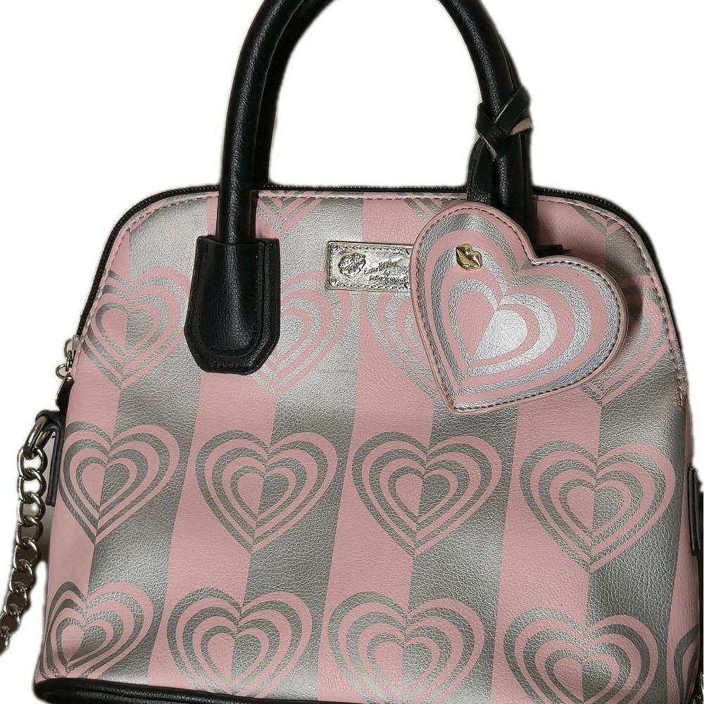 Cute Luv Betsey Johnson Mini Satchel Crossbody Pink Gray Hearts Girlie Kiss